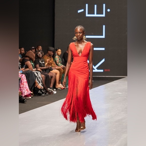 Elegant Red Cotton Fringe Maxi Gown - Picture 1 of 7